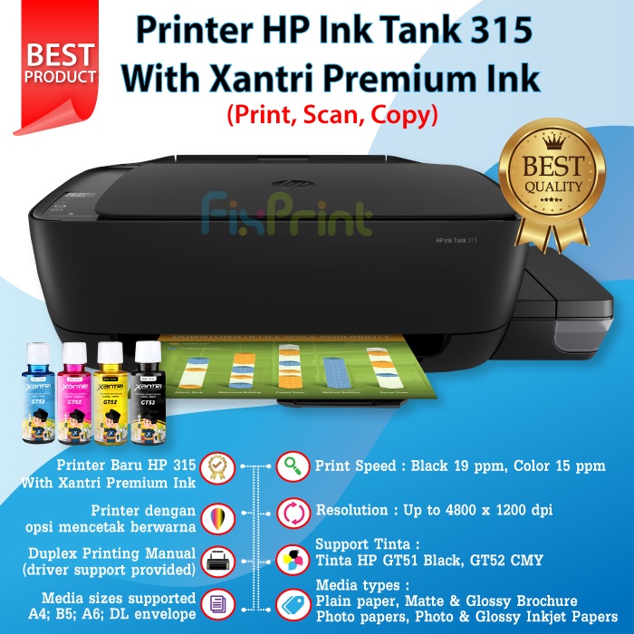 Printer HP Ink Tank 315 Print Scan Copy with Tinta Cartridge GT51 GT52