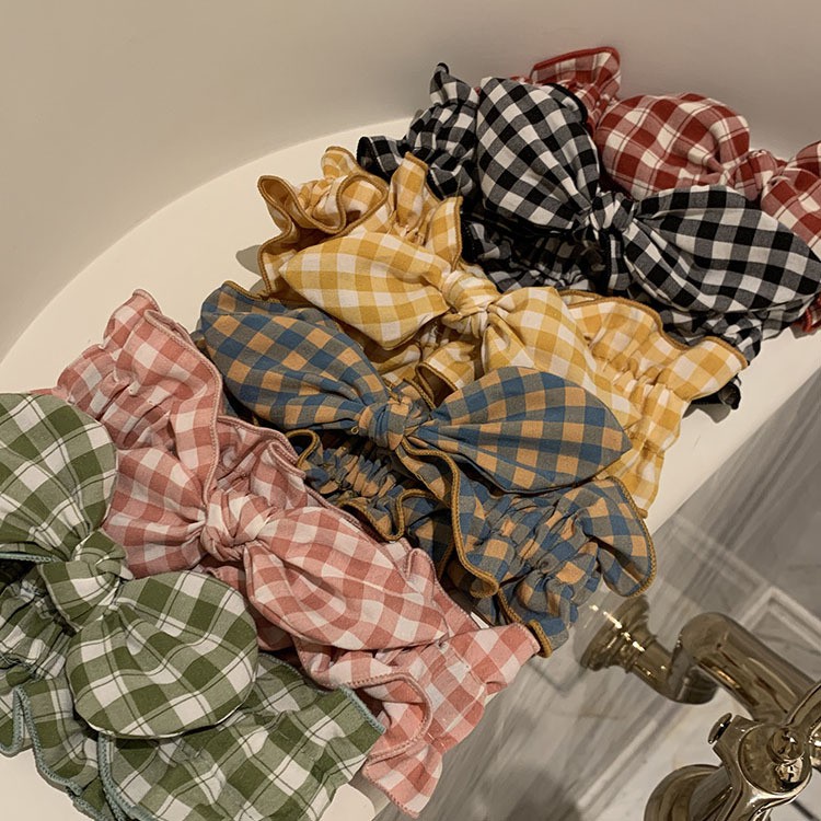 Bando Karet Pita Motif Kotak-Kotak Aksesoris Rambut Wanita Daily Korean Style Import