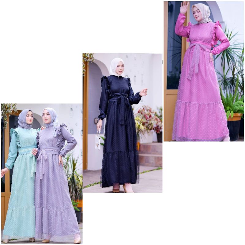 Noni polka longdress/gamis bahan adem/maxy dress motif polkadot hitam putih/maxi polkadot vintage