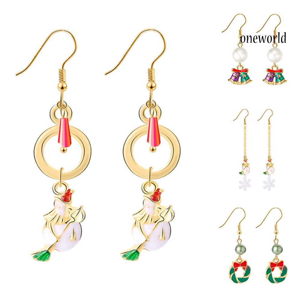 OW@ Women Enamel Christmas Santa Claus Tree Deer Dangle Hook Earrings Xmas Gift