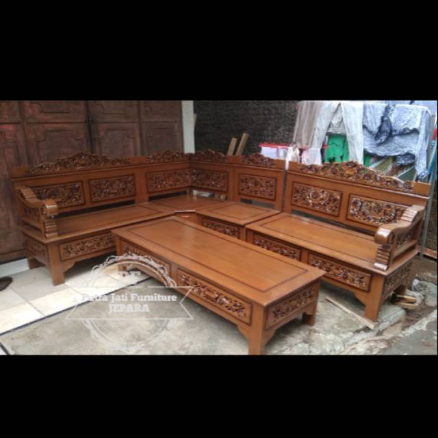 Kursi tamu sudut/ pojok jati ukir meja panjang