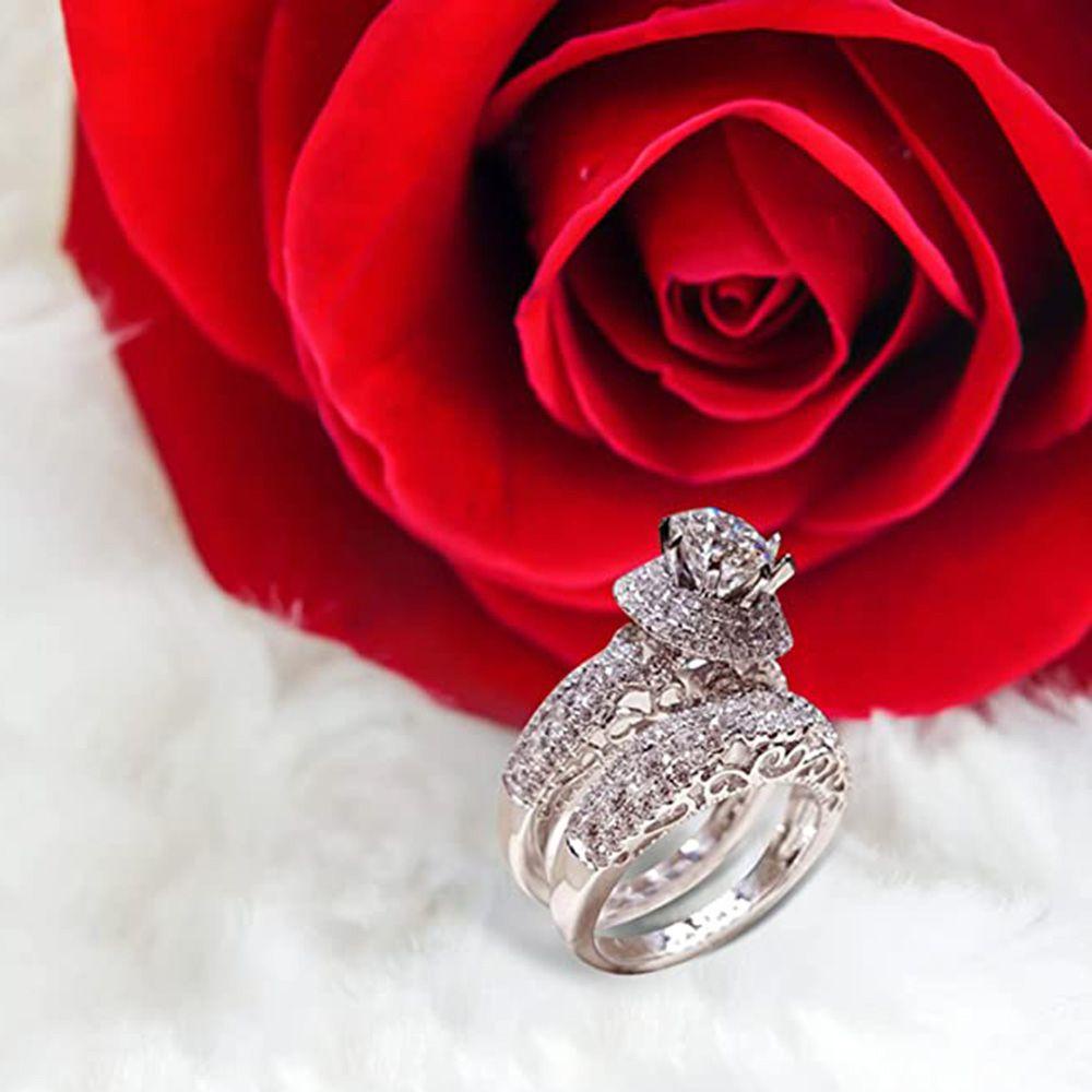 Nanas 2 Pcs Cincin Berlian Wanita Perhiasan Double-layer Tunangan Pasangan Perhiasan Aksesoris Set Mewah Kristal