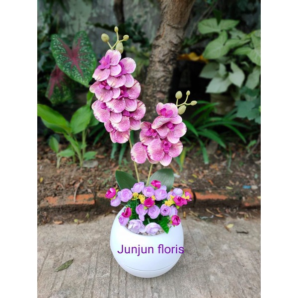 bunga anggrek latex kombinasi mawar mini//anggrek hias bahan latex//bunga hiasan meja