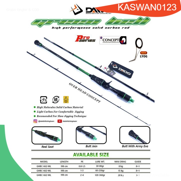 COD JORAN PANCING DAIDO GREEN HELL 198CM BC OH OVER HEAD CARBON RING FULL FUJI BAIT CASTING BAITCASTING OVERHEAD 662 198 CM SLOW JIG MURAH TERLARIS GARANSI