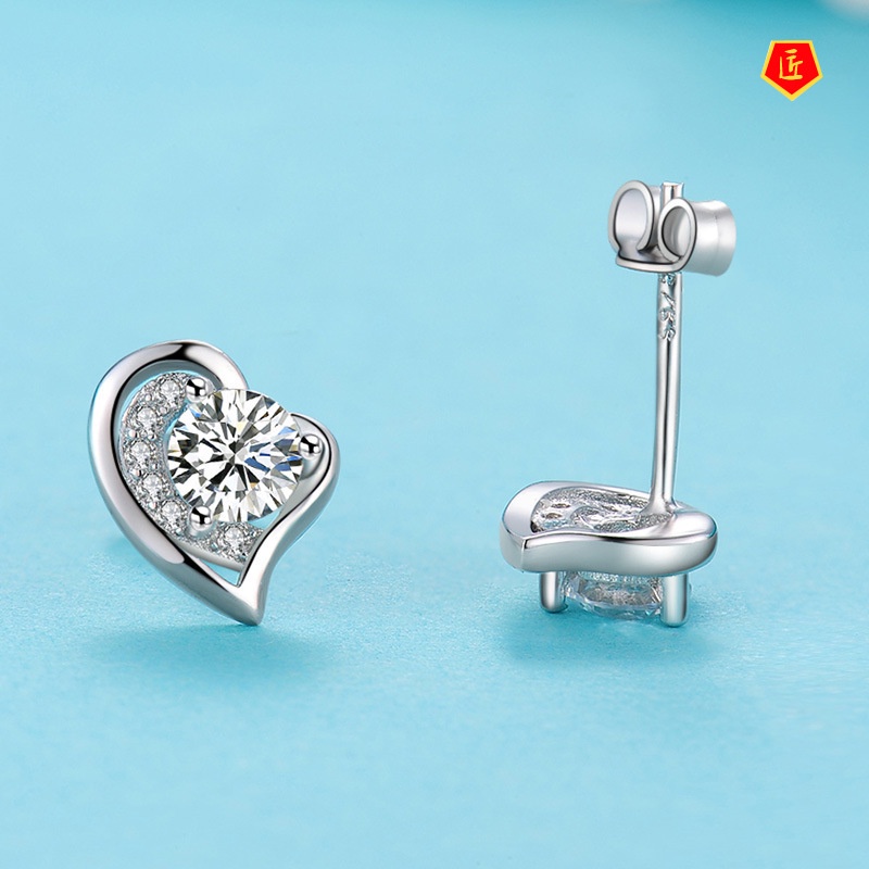 [Ready Stock]925 Silver Women's Simple Diamond Heart-Shaped Earrings