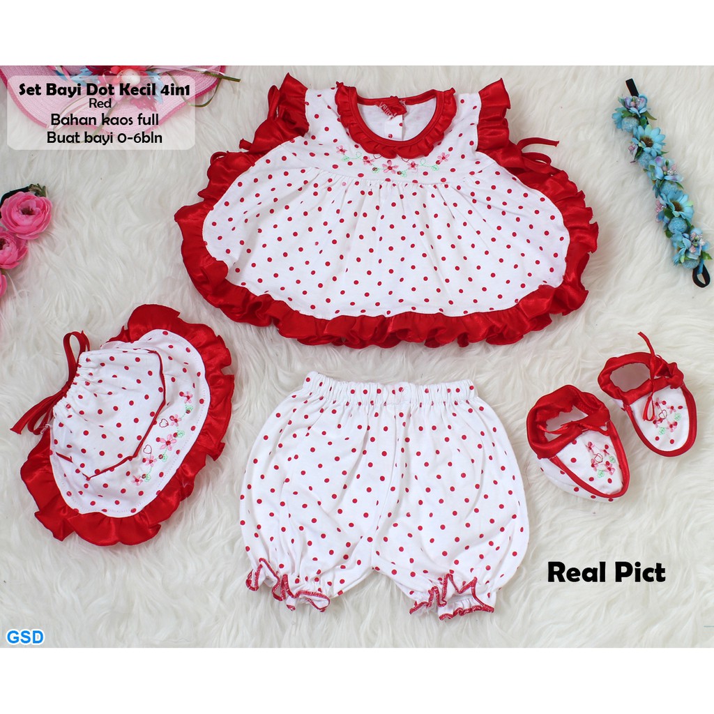 Set bayi dot besar 4in1/Baju Bayi Perempuan Motif Polkadot / Setelan Anak Bayi Balita/Baby Girl