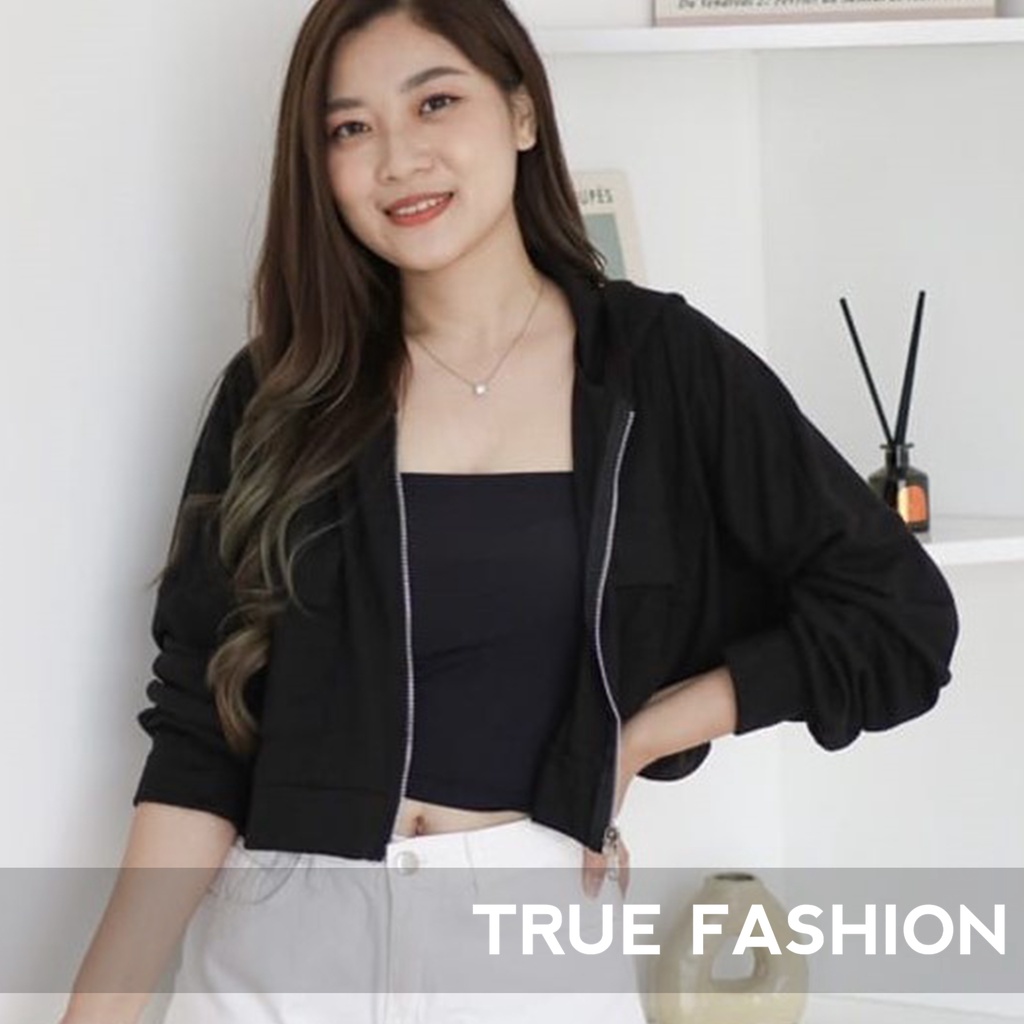 Jaket Crop Wanita Andin - Korean Crop Jacket Pocket Zipper - Atasan Viral Wanita - Jacket Cropped Wanita | Bahan Fleece | Allsize-4
