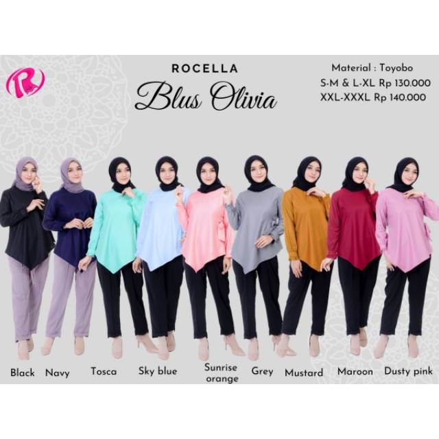 Blus Original Olivia by Rocella|Blus Perempuan|Blus Warna Pastel|Tunik Toyobo Soft|Tunik Simpel