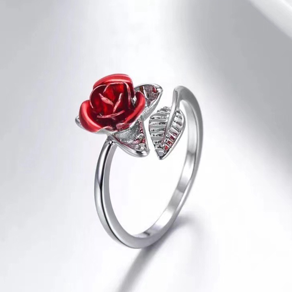 Hu Hu Hu Hu Hu Alat Bantu Pasang Kacamata♡ Cincin Wanita Model Terbuka Adjustable Desain Bunga Mawar Merah + Daun Untuk Valentine