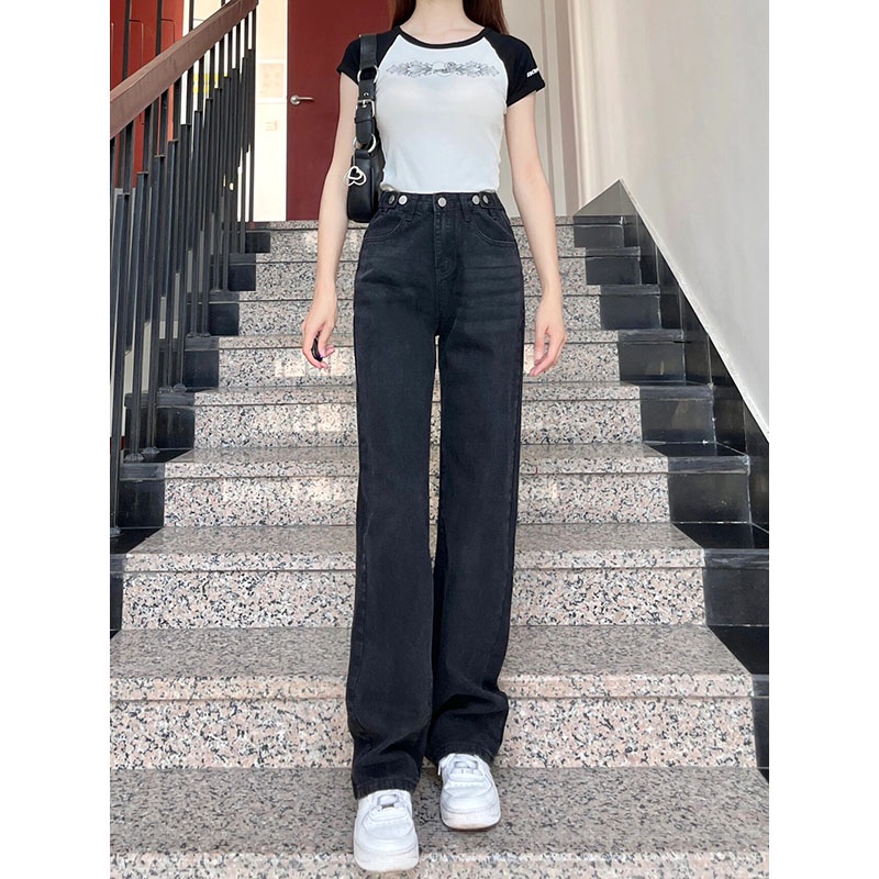 Celana panjang wanita baru slim-fit high-waist straight-leg wide-leg jeans celana highwaist wanita