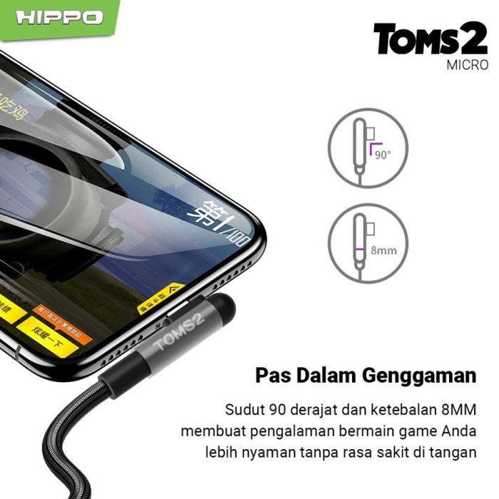 Hippo Kabel Data Gaming Mobile Toms2 USB to Micro Fast Charging 2.4 A Cable Micro USB Data Colokan L 90 Derajat Charge Android