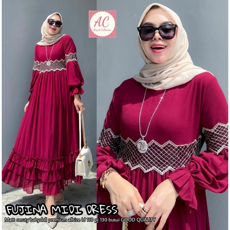 FUJINA MIDI DRESS BAHAN CERUTY BABYDOLL LD 110 PB 130 aplikasi renda dan dres susun // Gamis Midi Fu