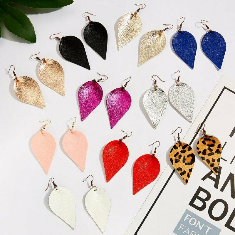 Boho Women Leaf Teardrop Leather Earrings Ear Hook Drop Dangle Fashion Jewelry