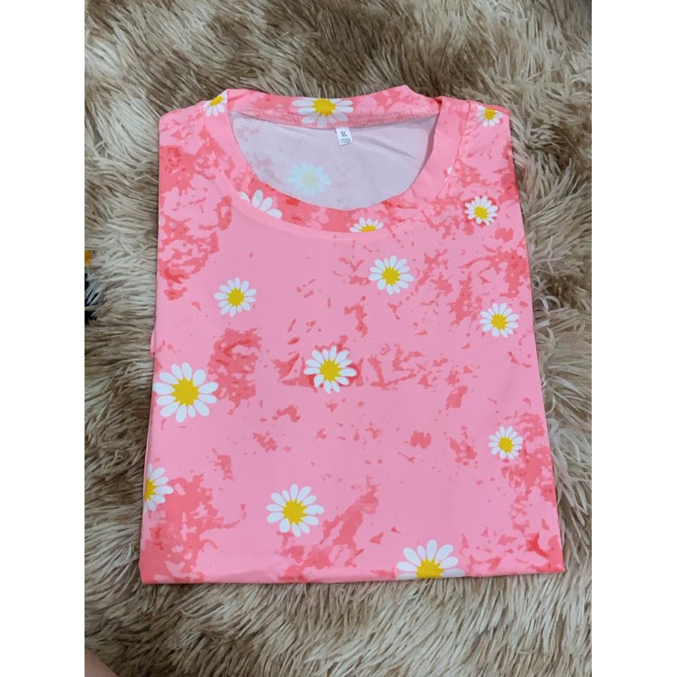 Oversize Tee Tshirt Wanita Model Longgar Motif Daisy Full Print Peach