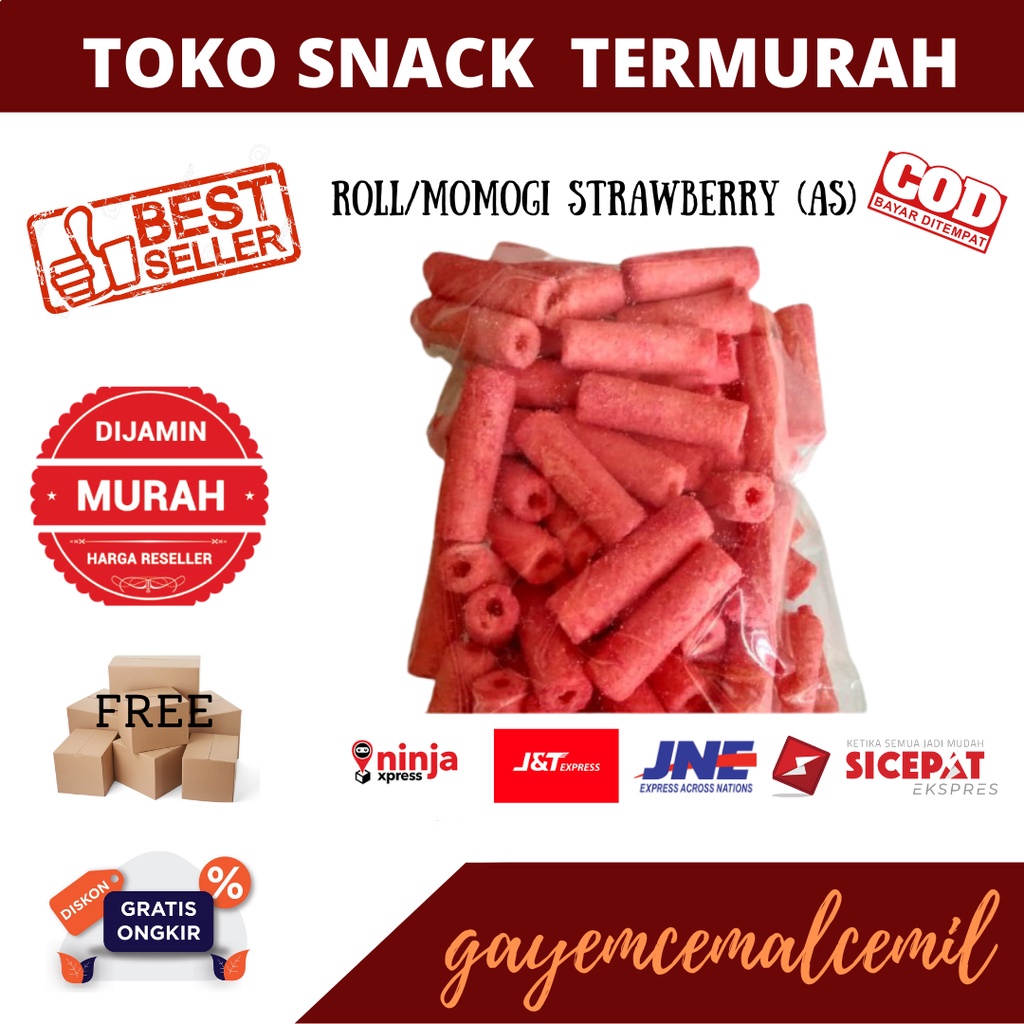 

snack kiloan/roll strawberry/momogi strawberry/momogi/cemilan manis/jajanan murah/cemilan murah/250gr/500gr