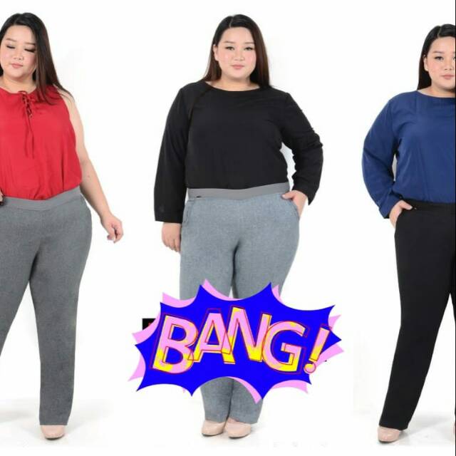 Celana bahan kain kerja kantor wanita model karet pinggang jumbo