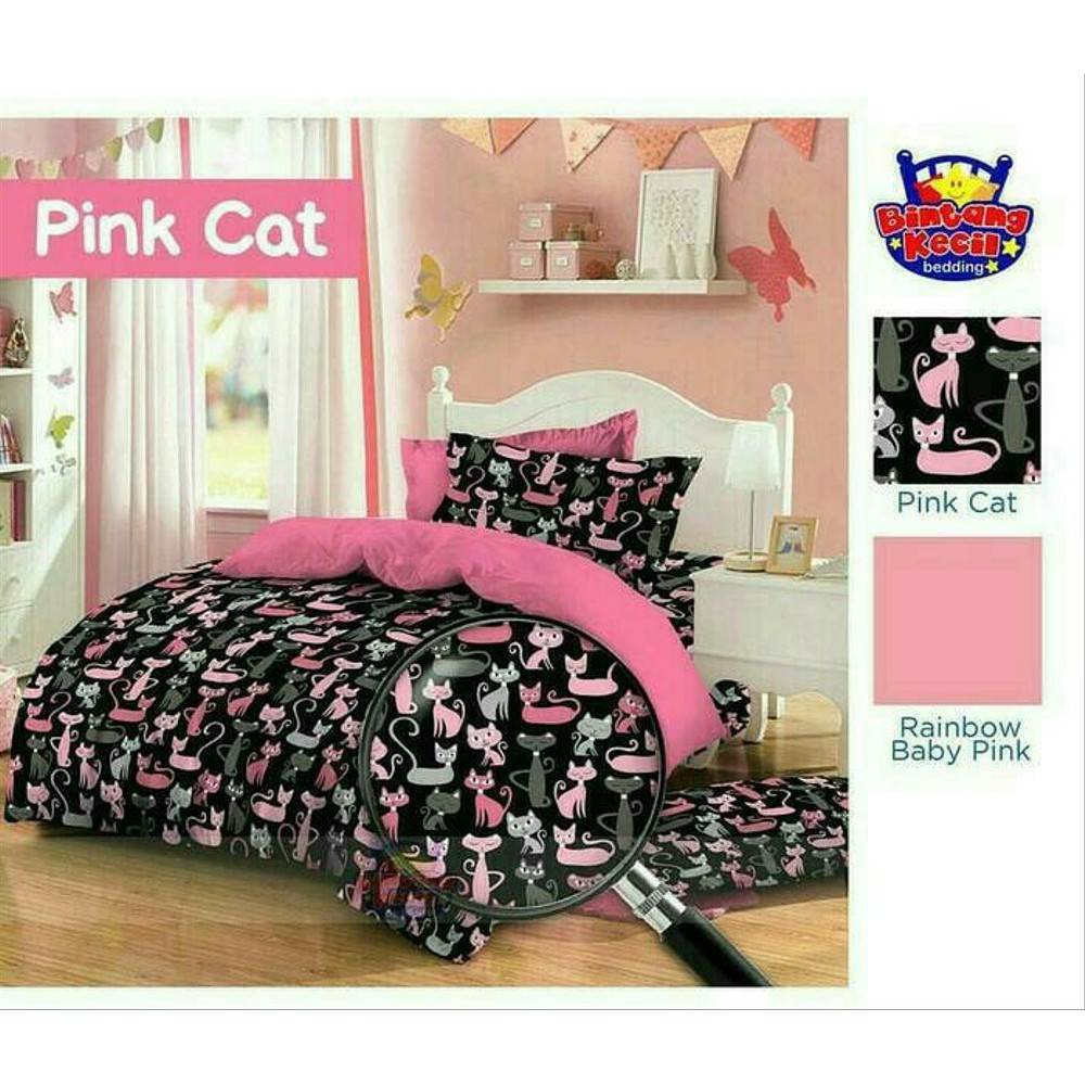 PROMO   Sprei Katun Premium Motif  Pink Cat, Uk 180x200, Kain Seprai Keren