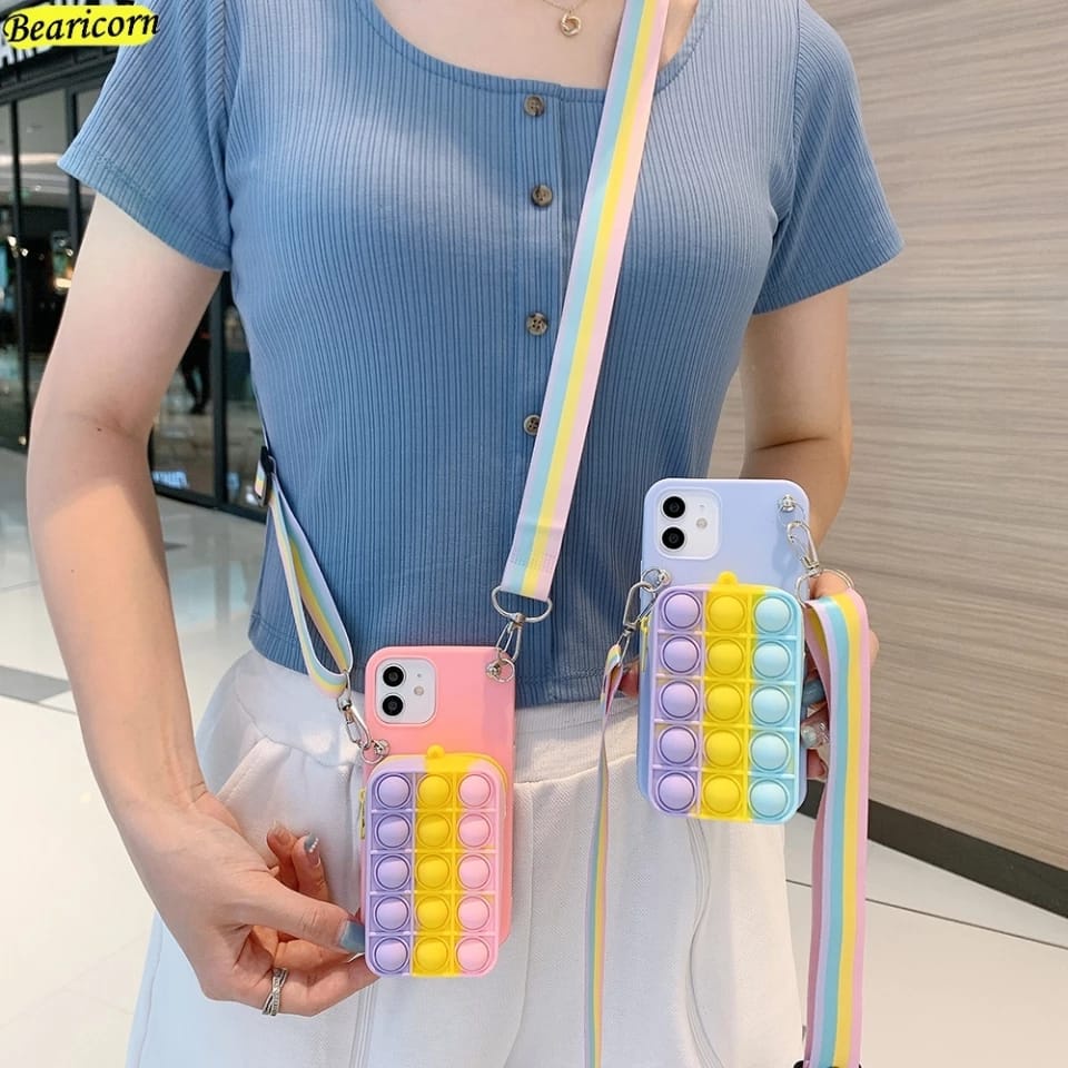 CASE IPhone pop it 11 12 PRO 12 XS XR XS MAX 6P 7PDLL DOMPET KARTU GANTUNGAN RAINBOW