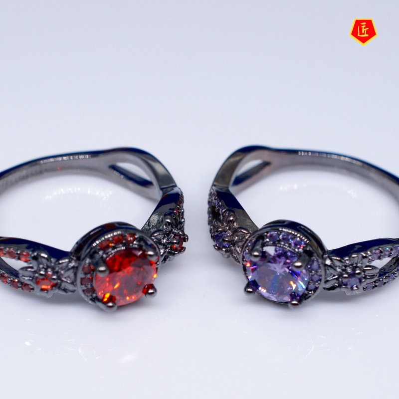 [Ready Stock]Purple Diamond Black Gold Ring Female Creative Personality