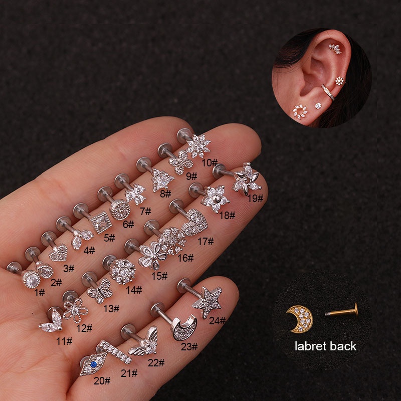 1Pc Gold Silver Square Flower Shape Stainless Steel Zircon Stud Earrings Cute Tragus Ear Stud Piercing Body Jewelry