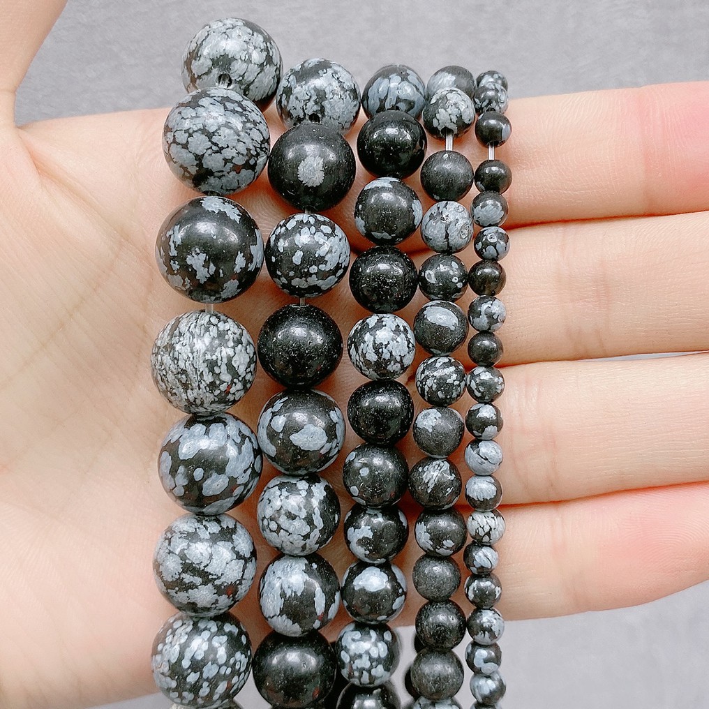 Manik-Manik Batu Alam Kepingan Salju Obsidian Bulat Longgar Untuk Membuat Perhiasan Kalung Anting Gelang