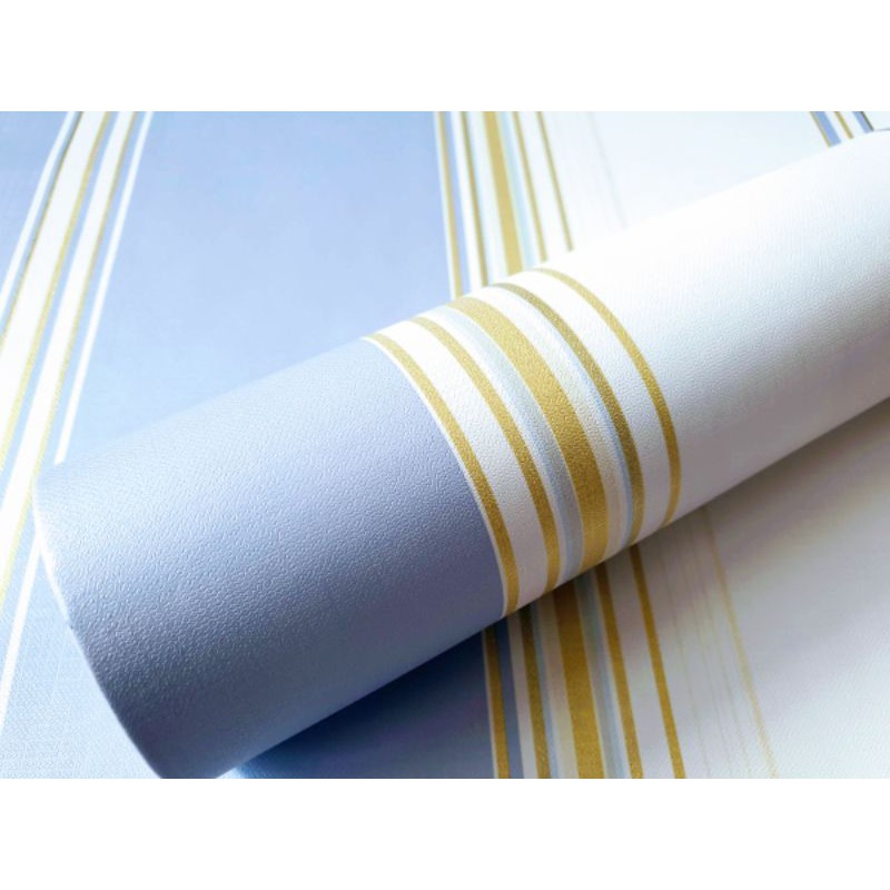 grosir murah wallpaper stiker dinding motip Puti garis2 biru telor asin kombinasi salur cream
