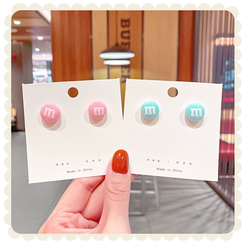 Sweet M Bean Stud Earrings Candy Color Earrings Female Round Face Thinner Cute Earrings 925 Silver Needle Mini Round