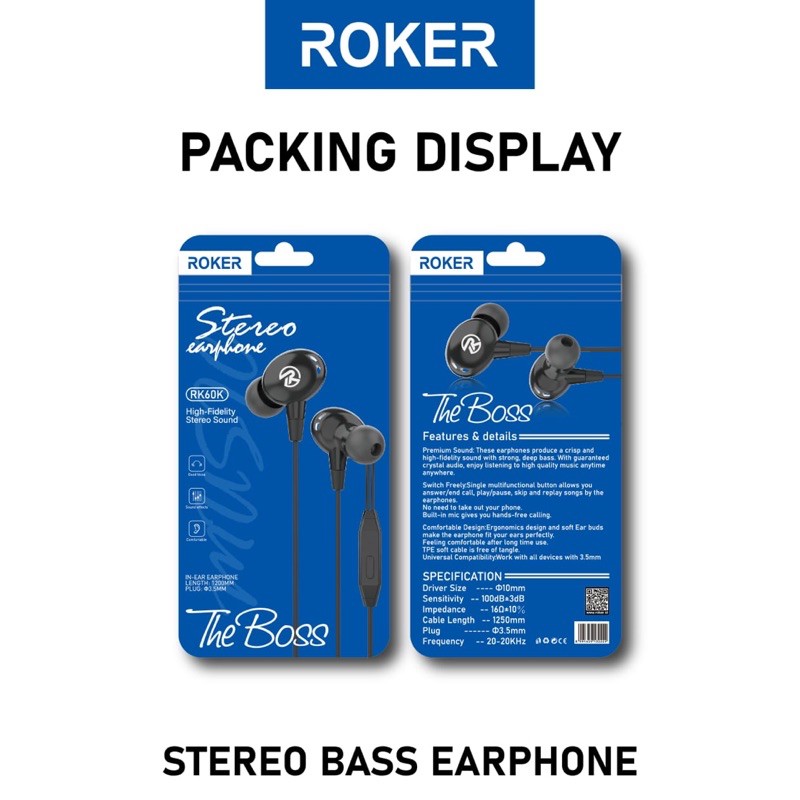 Handsfree Headset Roker Original Onyx Rk52K, RK59K, RK60K  Stereo Earphone