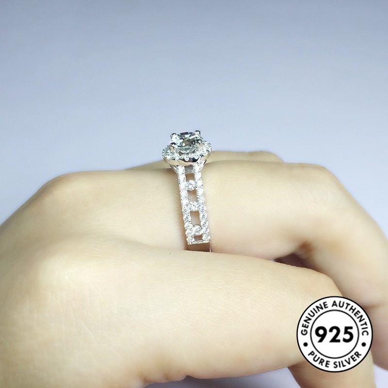 Cincin Sterling Silver 925 Model Bulat Hollow Dengan Berlian Imitasi Untuk Wanita