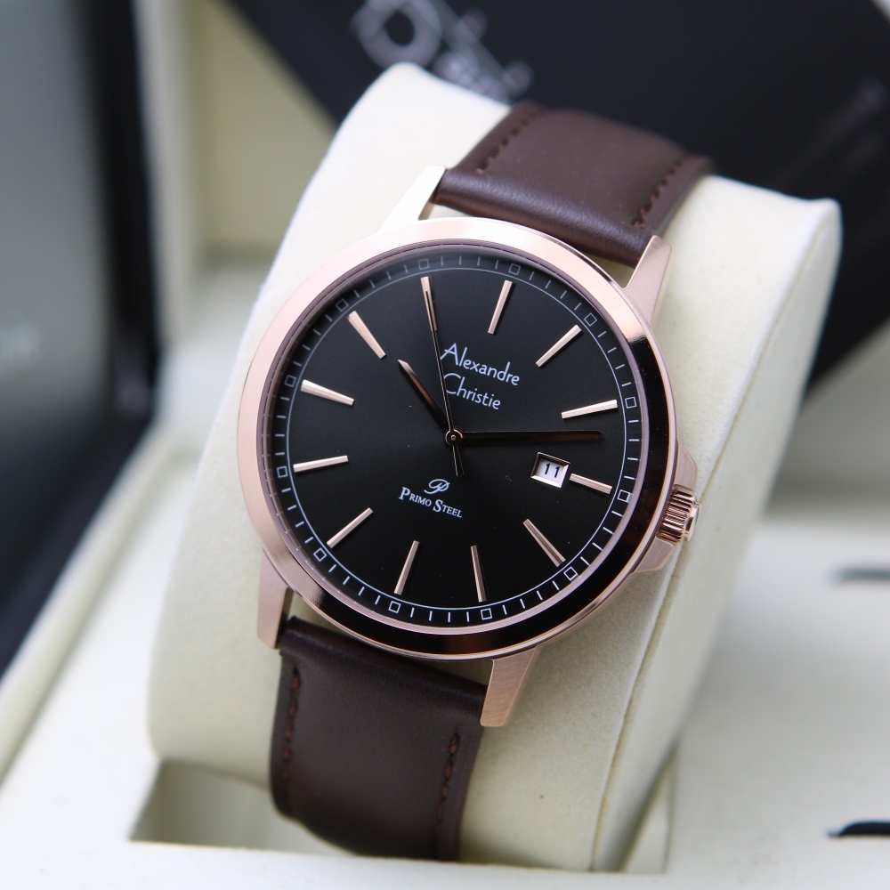 Jam Tangan Pria Alexandre Christie AC 1014 MD Primo Steel Black dial Rosegold Leather Brown Original