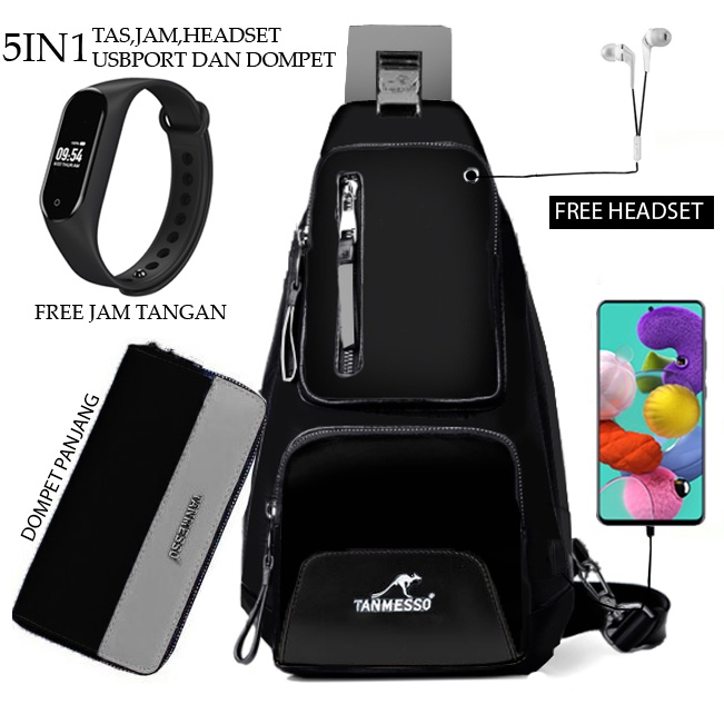 TANMESSO 5in1 BAYAR DITEMPAT- JAM LED -HEADSET- DOMPET -USBPORT -TAS WATERPROOF-BAHAN INTERPILAR SENDIRI LEMBUT DAN TEBAL MENGANDUNG 70%COTTON BUKAN PARASUT ATAU KANVAS SEPERTI YANG BEREDAR DIPASARAN-TAS SELEMPANG PRIA-SLING BAG PRIA