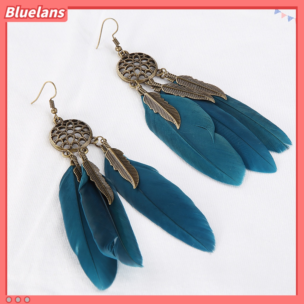Bluelans 1 Pasang Anting Tusuk Gantung Wanita Desain Daun Bulu Portable Gaya Bohemia Untuk Pernikahan