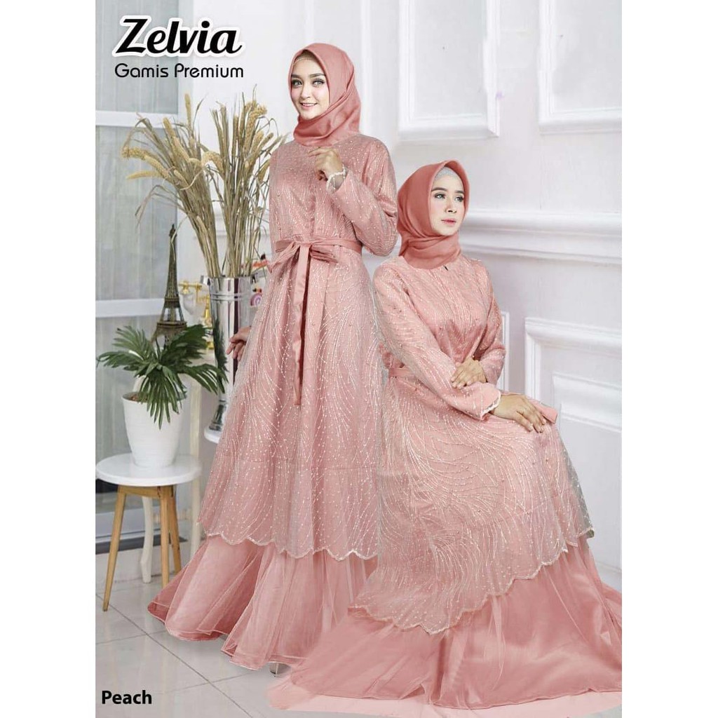 Baju Gamis Pesta Warna Peach - Voal Motif