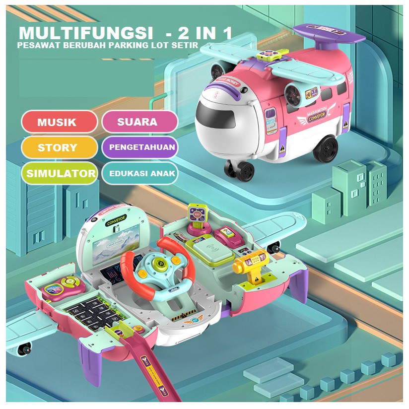 MAINAN ANAK EDUKASI 2IN1 PESAWAT AIRPLANE TRANFORMER PARKING LOT SIMULATOR SETIR MOBIL MUSIK LAMPU