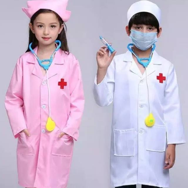 dokter kecil set lengkap baju,topi, stetoskop,masker&suntikan mainan, 2-13 tahun