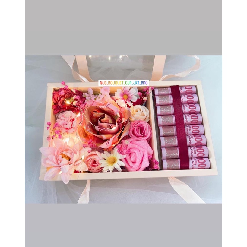 Bloom Box Money Flower Artificial LED Box Hamper Uang Buket Bucket Bouquet Uang Bunga