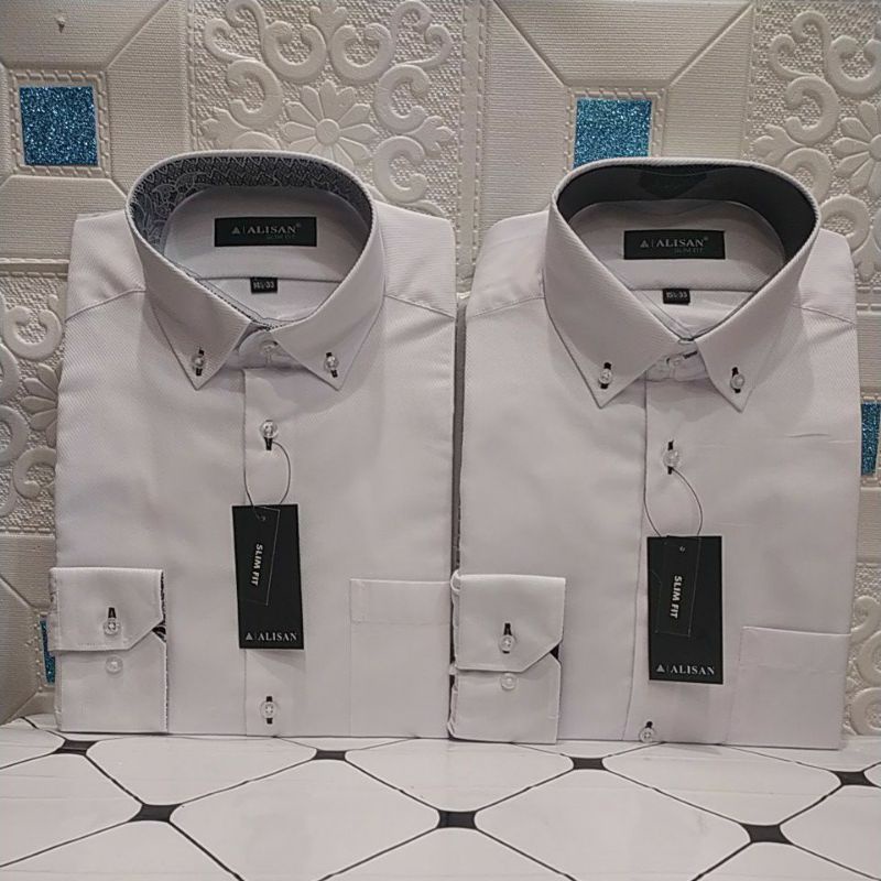 Kemeja Alisan Dobby Putih Kombinasi  Panjang Slimfit
