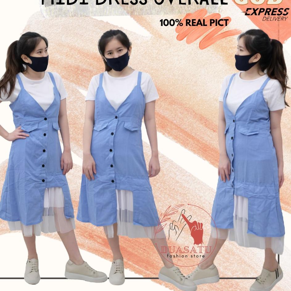 ➩ Midi Overall Dress Baju Wanita Korean Style Casual Pendek Tanpa Lengan Gaun Dres Korea Biru Wanita