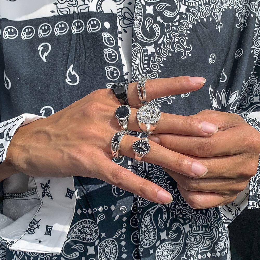 [Elegan] Cincin Tengkorak Pria 6 Pcs/set Kepribadian Vintage Geometris Tampan Sederhana Perhiasan Fashion