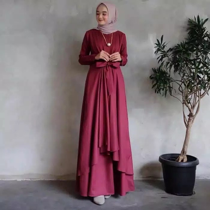 Gamis Wanita Dewasa Gaun Pengantin Kombinasi Brukat Baju Muslim Trendy - Maroon, S