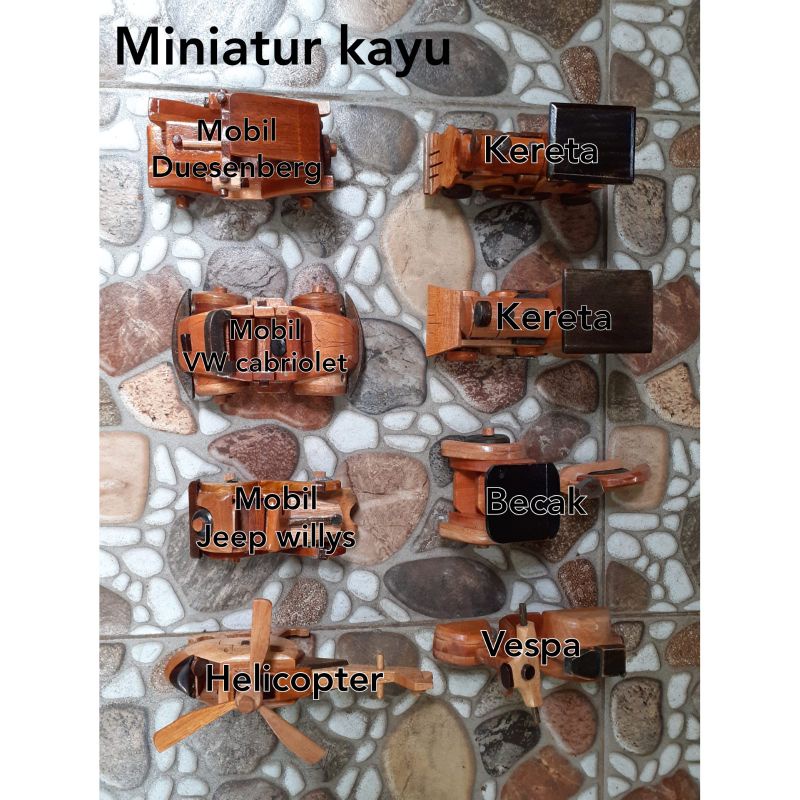 Mainan Kayu/ Miniatur Kayu/ becak/ mobil/ kereta/ Pesawat/ Vespa Kayu