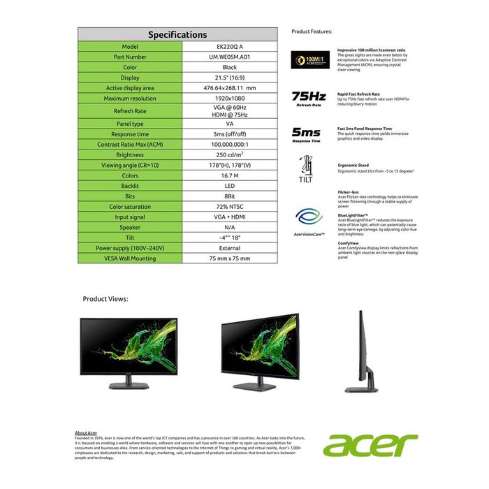 Monitor Led Acer EK220QA 21,5 Inch 21.5&quot;