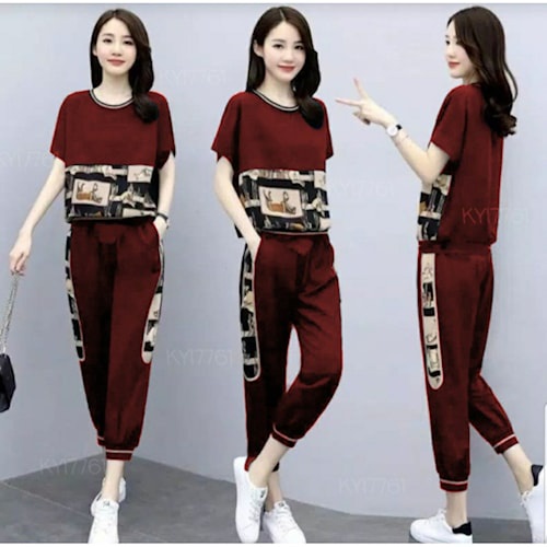 Setelan Wanita Kekinian Setelan Celana Wanita One Set Stelan Celana Joger Panjang Wanita Cewek Remaja Pakaian Wanita Fashion Wanita Cewek Remaja Perempuan Import Korea Korean Style Terbaru Kekinian Murah Bahan Full Babyterry All Size M L LD 96 - 100-Maroon