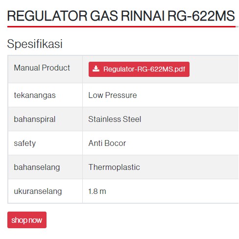 Selang Regulator Rinnai RG 622 MS 1,8 Meter Selang Gas Rinnai 622MS Regulator Rinnai RG622 MS