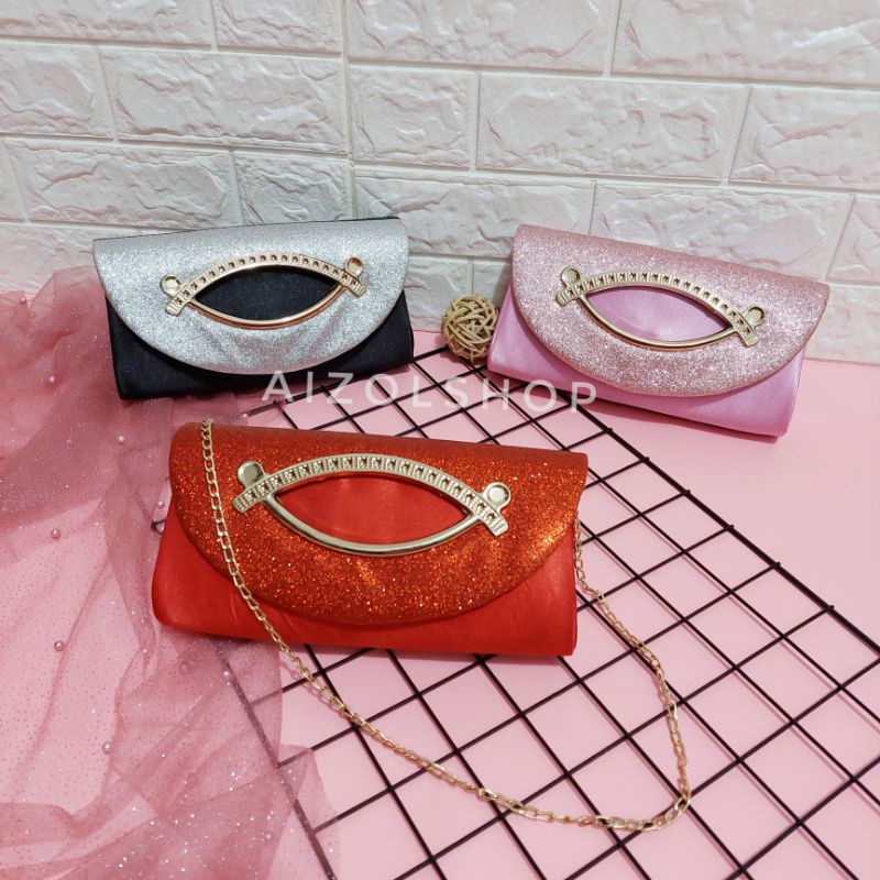 tas pesta DINA size 25×6×12 cm tali panjang rantai clutch tas slempang tas pesta murah tas mewah