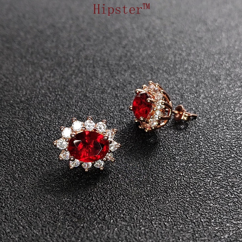 Fashion Personality Affordable Luxury Full Diamond SUNFLOWER Red Crystal Colored Gems Earrings