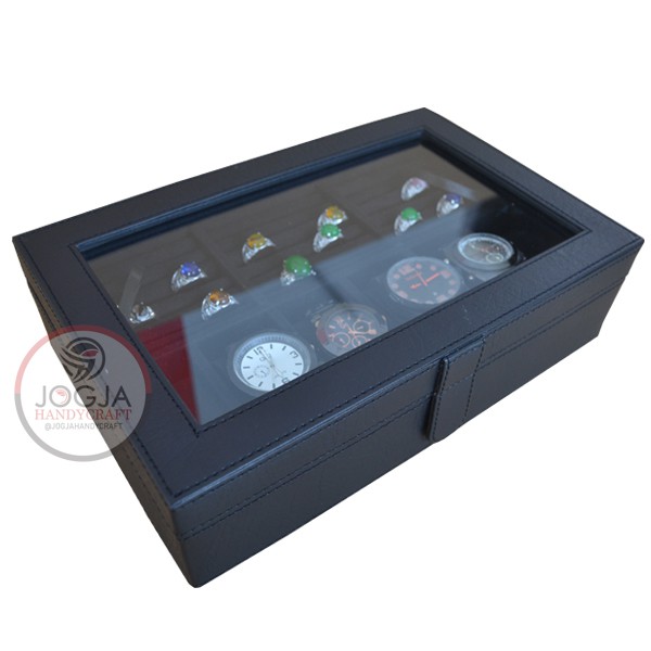 Kotak Tempat Jam Tangan Kombinasi Tempat Cincin | Watch Box Mix Ring Full Black (Kualitas Super)