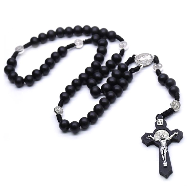 Hbid Kalung Doa Rosario Manik Kayu Hitam Pendant Salib Yesus Gaya Antik