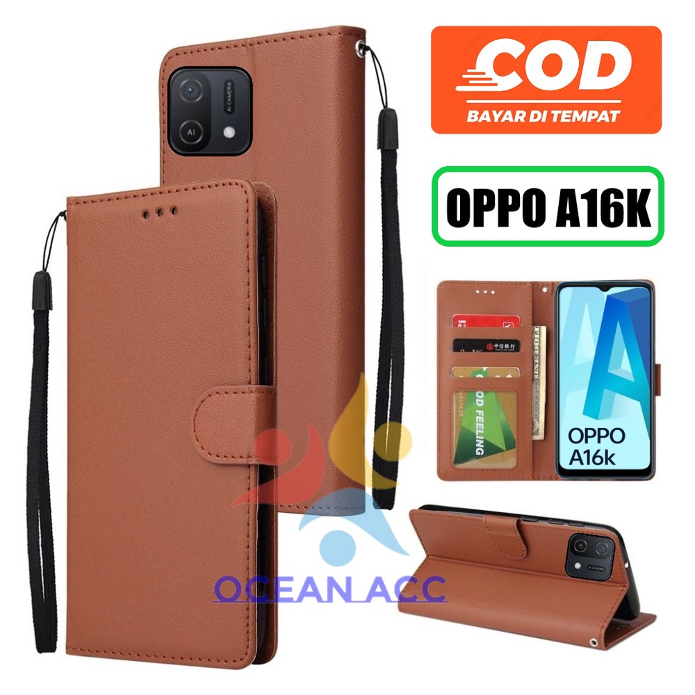 DOMPET HP UNTUK OPPO A16K NEW 2022 LEATHER FLIP WALLET CASE UNTUK OPPO A16K NEW 2022