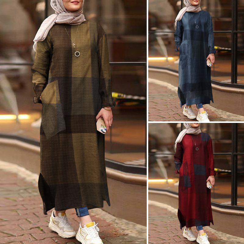 ZANZEA Dress Muslim Wanita Lengan Panjang Bermotif Kotak